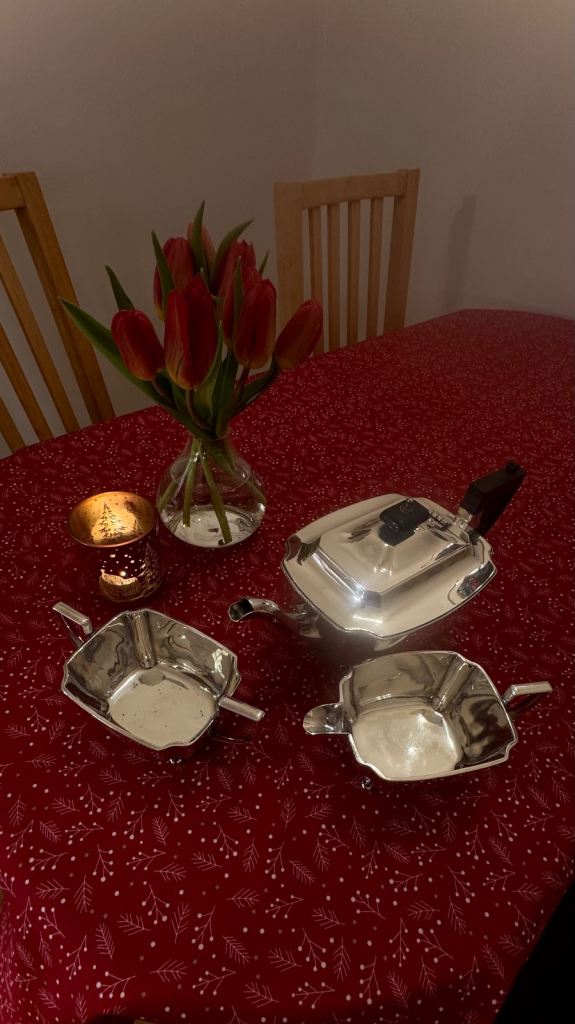 John Bishop Chatterley & Sons Georgian Art Deco Hard Soldered Three Piece Silver Plated Tea Set.