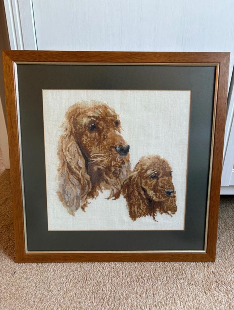 Vintage Spaniel Dogs Retro Thea Gouverneur Framed Cross Stitch Embroidered Needlepoint Tapestry