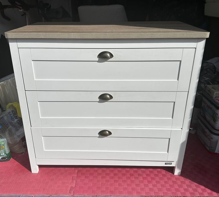 White 3-Drawer Chest of Drawers with Wood Top – Good Condition