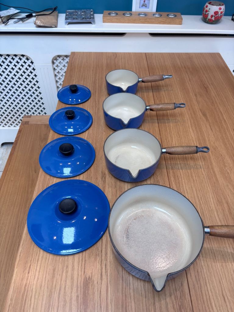 Set of 4 Lecreuset Blue Enamel Sauce Pans with Lids