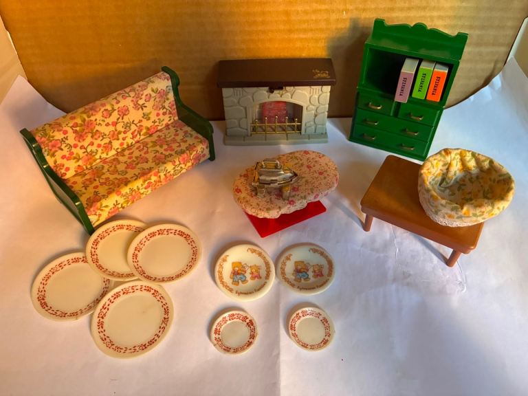 Vintage Dollhouse Furniture Set - Sofa, Fireplace, Bookcase, Table & Plates