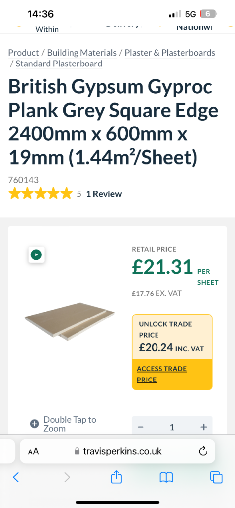 British Gypsum Gyproc Plasterboard 2400x600x19mm (1.44m²/Sheet)
