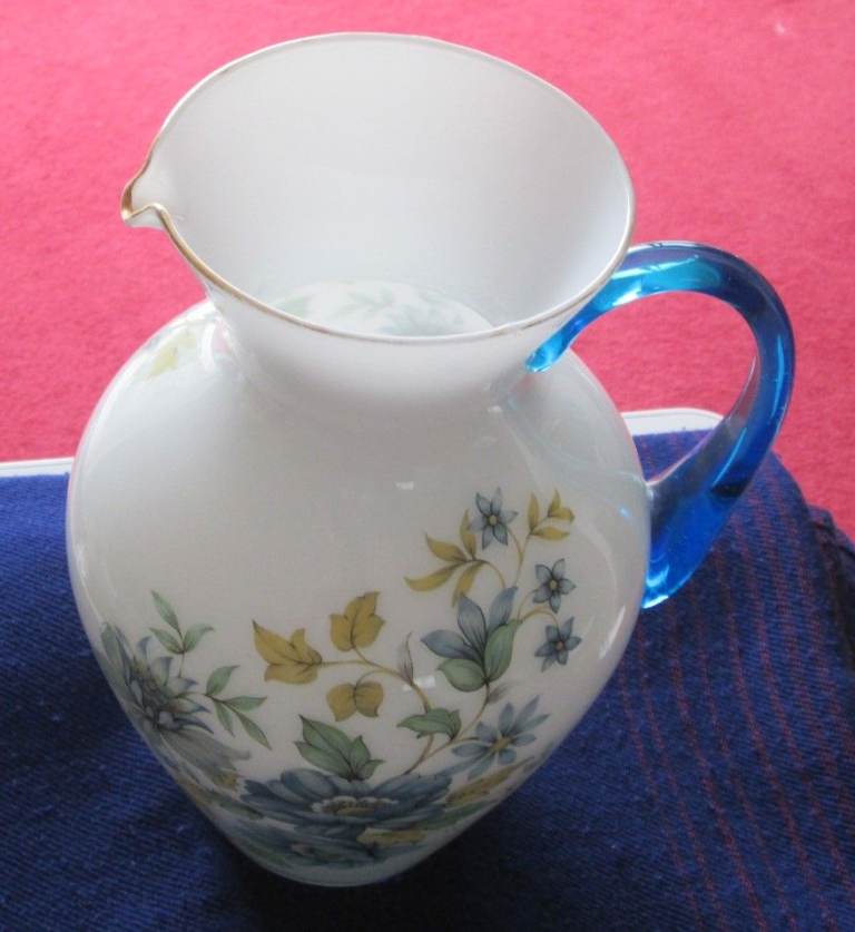 large glass Jug/Vase, white pretty floral design - blue handle, 10" high