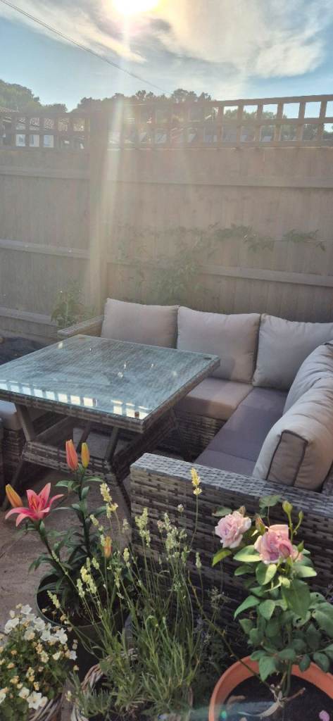 Grey Rattan Corner Garden Sofa Dining Set with Cushions