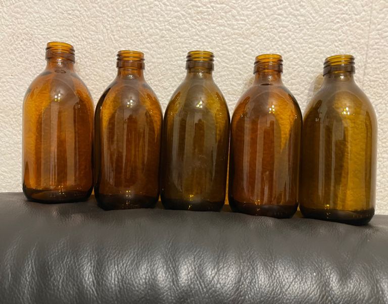 Set of Five Brown Glass Bottles, 300ml Each