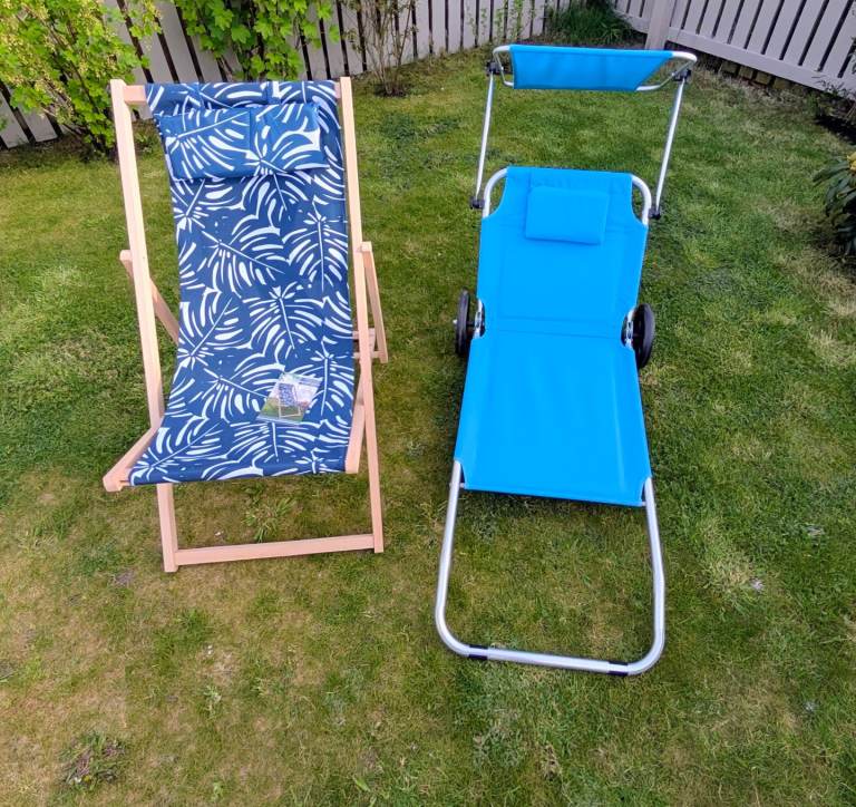 Garden Sun Lounger with Canopy and traditional deck chair 
