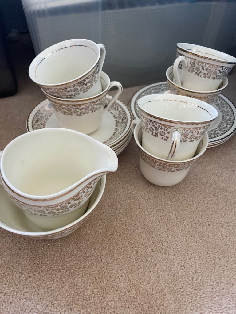 Vintage Portland Pottery Tea Set - White with Gold Trim