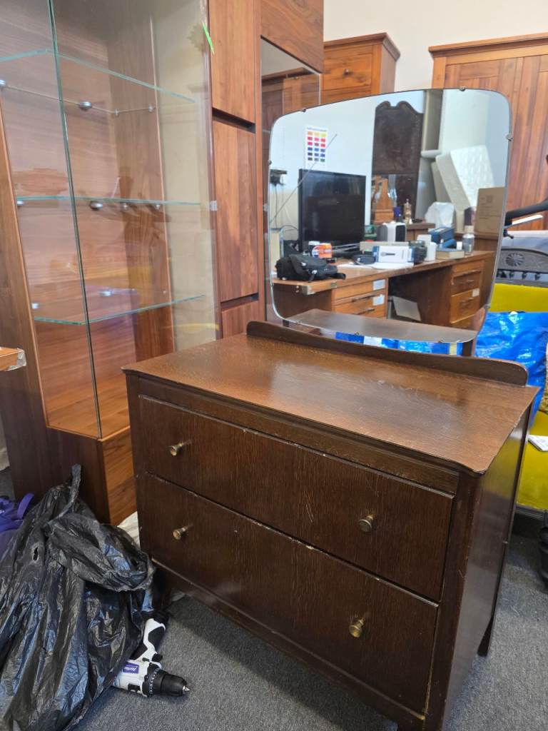 Vintage Dressing Table with Mirror – Brown Wood, Good Project