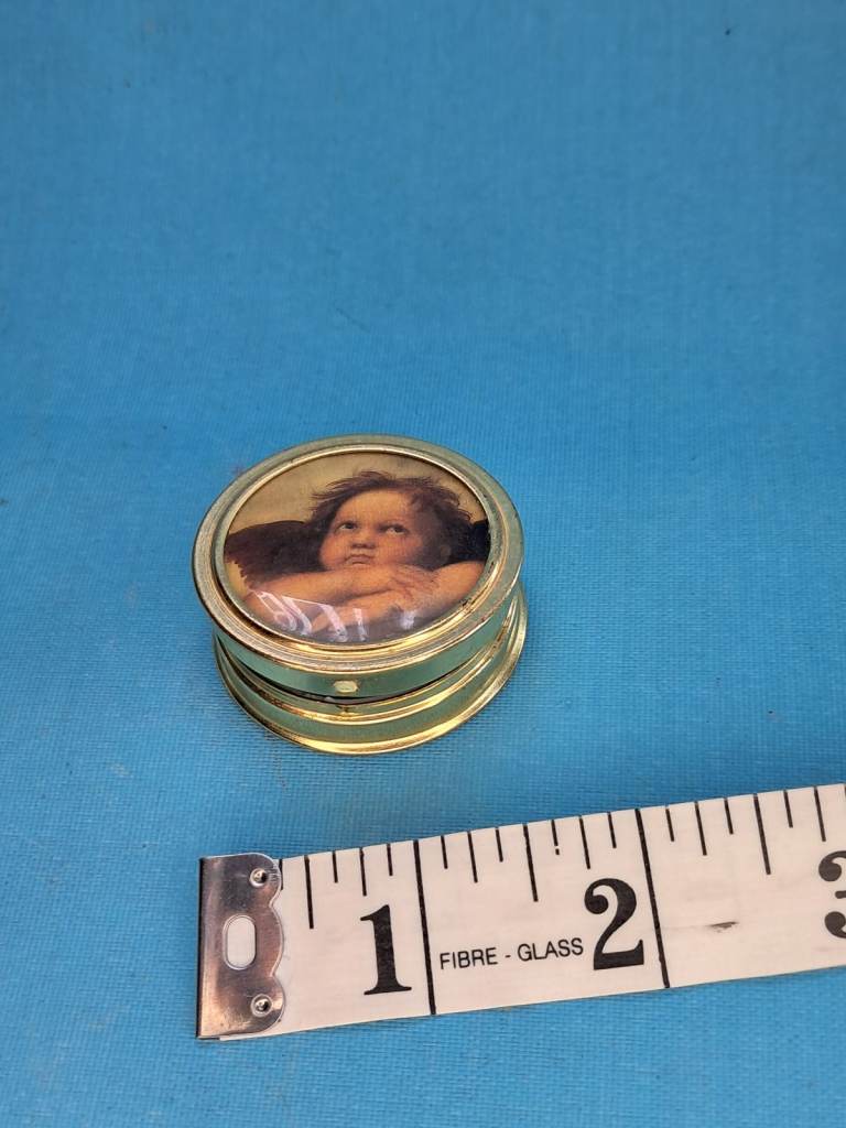 Vintage Miniature Round Pill Box, Trinket Box  with Angel Design. AS SEEN. 