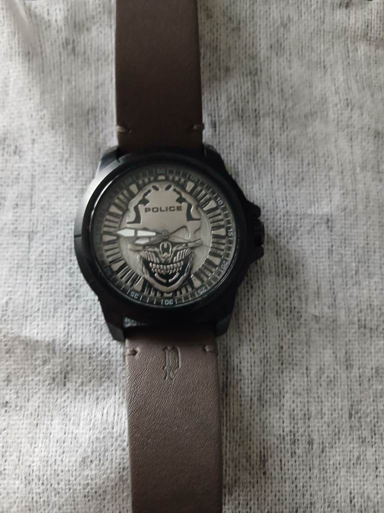 Police Men's Watch with Skull Face - Brown Leather Strap