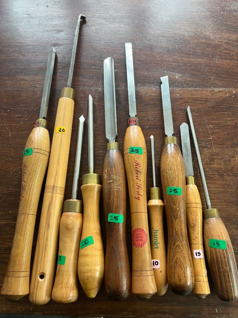 10 piece - High speed, good quality Sheffield steel woodturning tools, preowned. Good condition