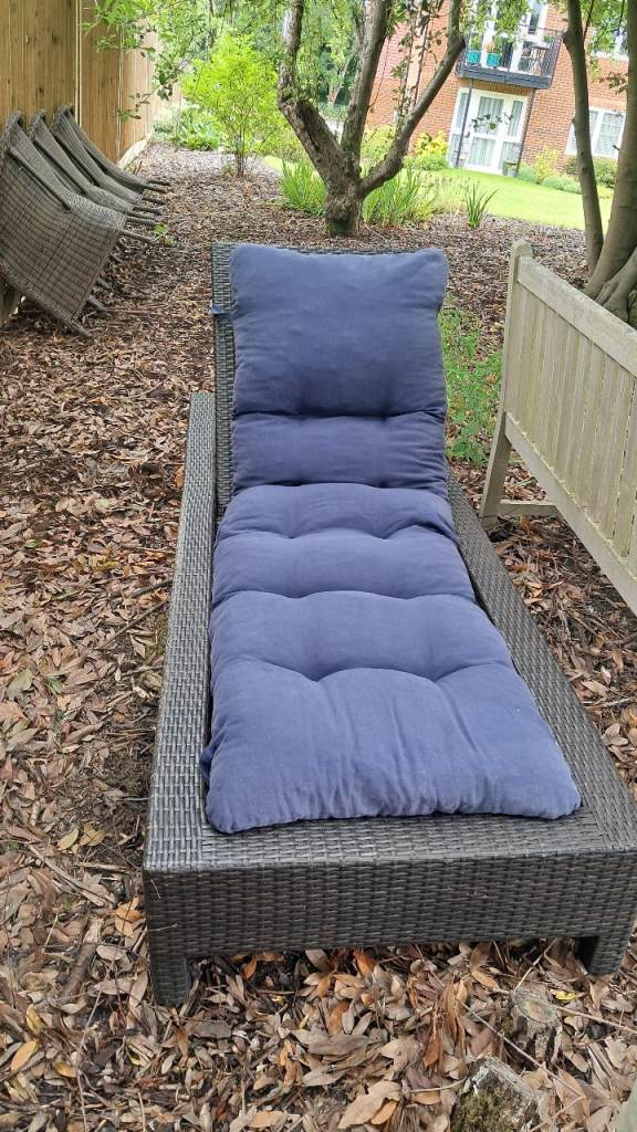 2 rattan adjustable reclining sun loungers with cushions and wheels 
