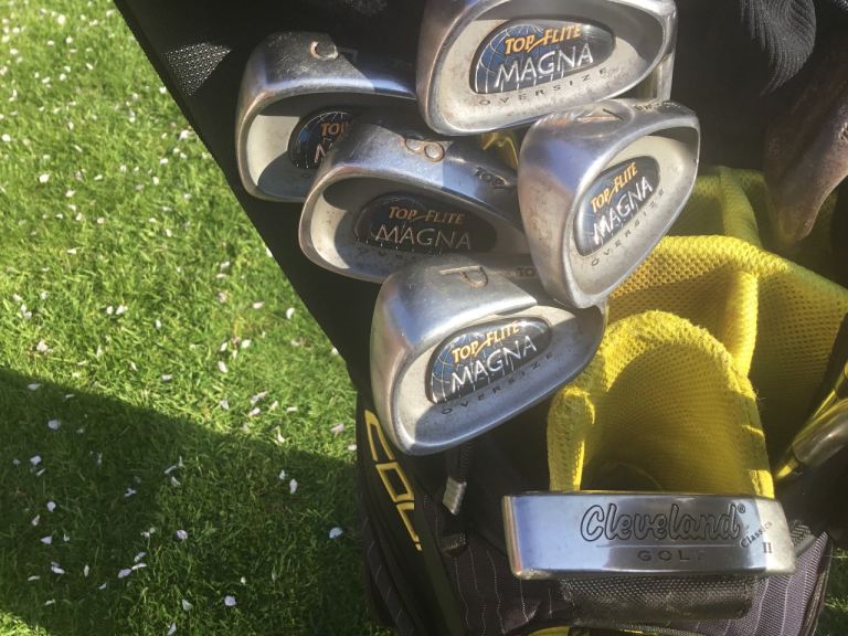 Cleveland Hi Bore 9.5 Driver, Titleist 910F 3 Wood, Cleveland Halo Hybrid, 5-PW Magna Irons, 