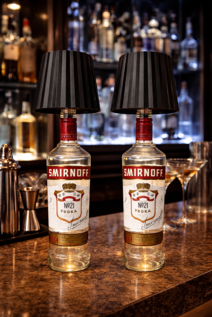 Pair of Upcycled Smirnoff Vodka Bottle Lamp's – Handmade Bar Lights