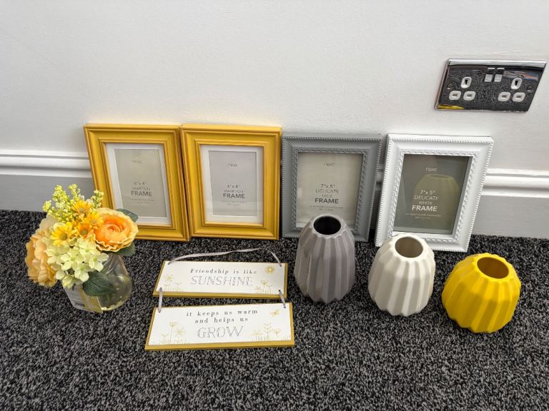 Selection of Next yellow, grey and white home decor accessories