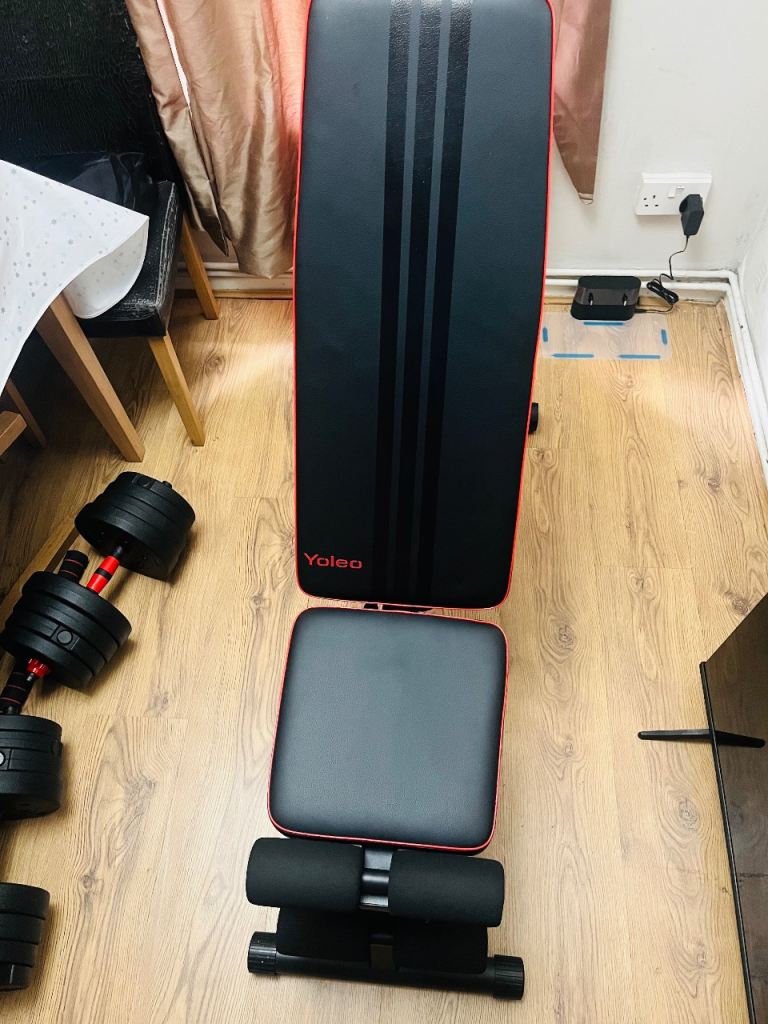 Weight bench, 30kg weights dumbell + barbell