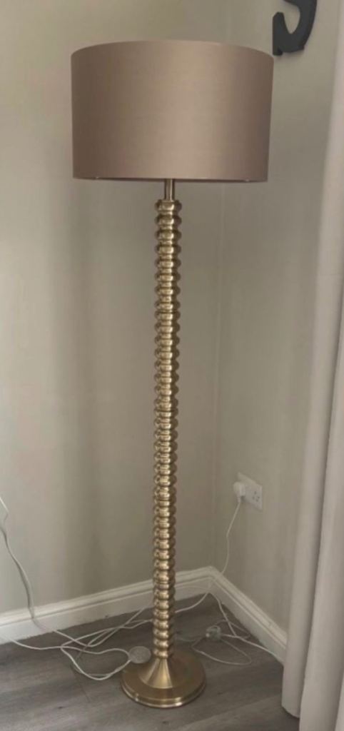 Homesence TK Maxx Tall  Gold Floor Lamp with Taupe Shade – VGC