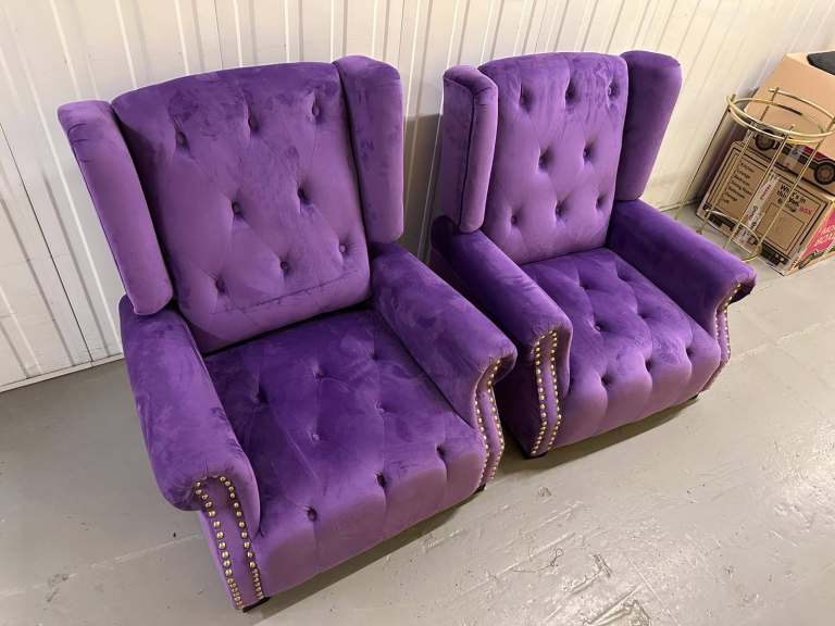 Pair of Purple Velvet Wingback Armchairs – Tufted + Gold Studs (E3 Bow)