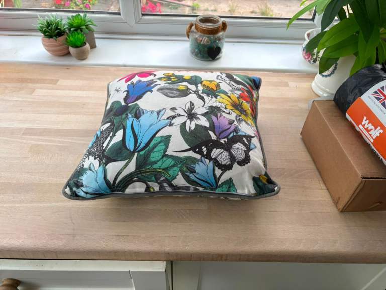 Floral Cushion 26” – Multicoloured with Blue Edging, Good Condition