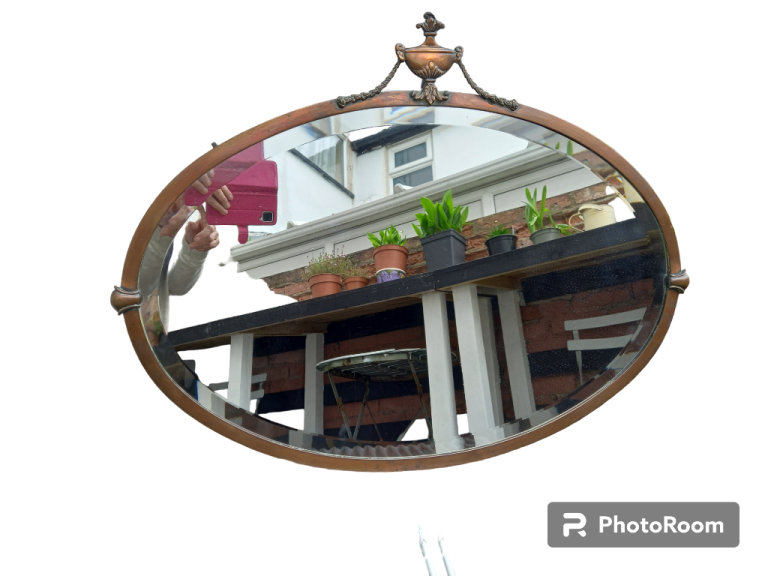 Antique Lg Copper Ovel Bevelled Mirror