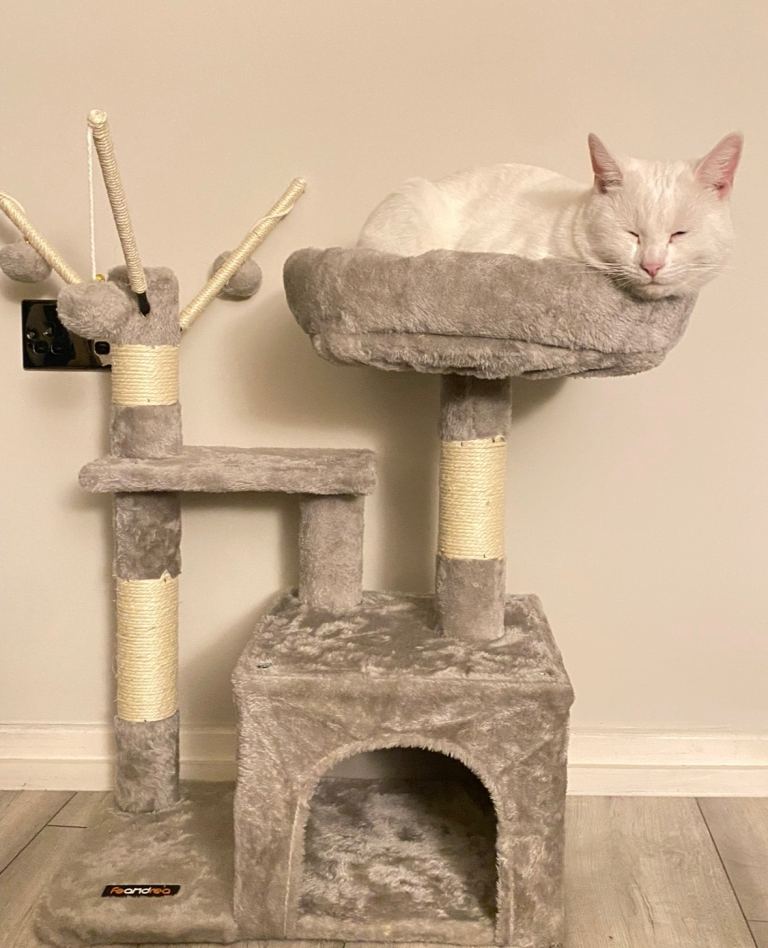 Multi tiered grey cat tree 