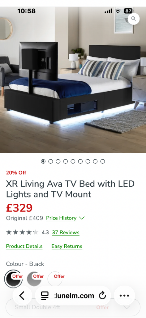 XR Living Ava TV Bed with LED Lights and TV Mount - Double
