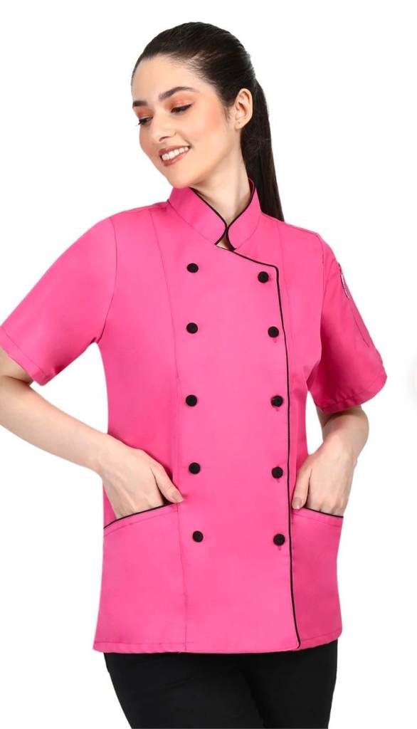 Pink Women's Short Sleeve Chef Coat, Double-Breasted Culinary Jacket, Poly/Cotton Blend Uniform