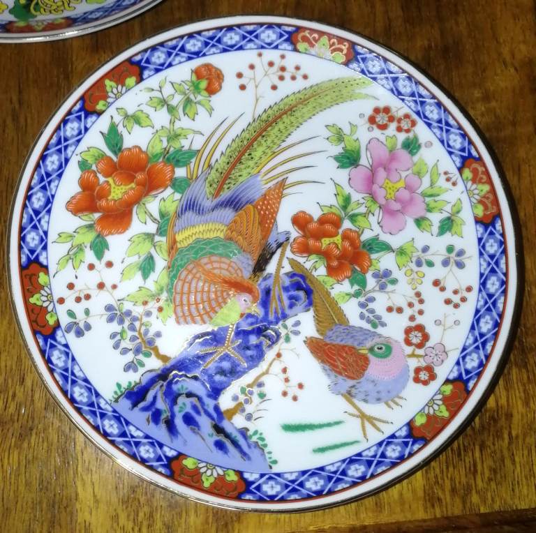 3 x Japanese Decorative Plates 16cm Rickshaw Birds Flowers Possibly Eiwa Kinsei?