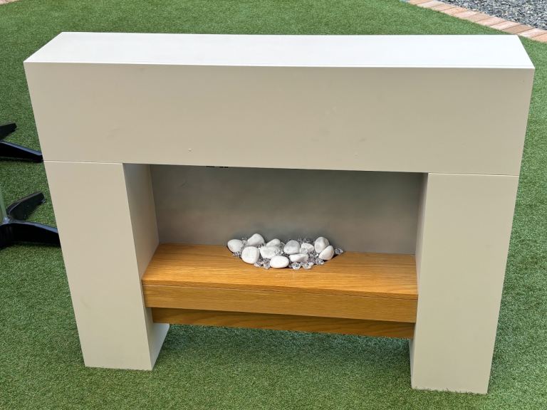 Cream Fireplace Surround with Oak Effect Shelf – Good Condition