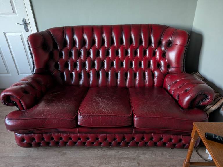 Chesterfield leather two seater sofa and armchair