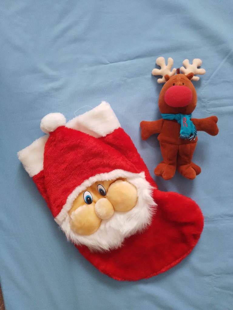 TODDLERS XMAS STOCKING & REINDEER. SOFT VELOUR. AS NEW COND.