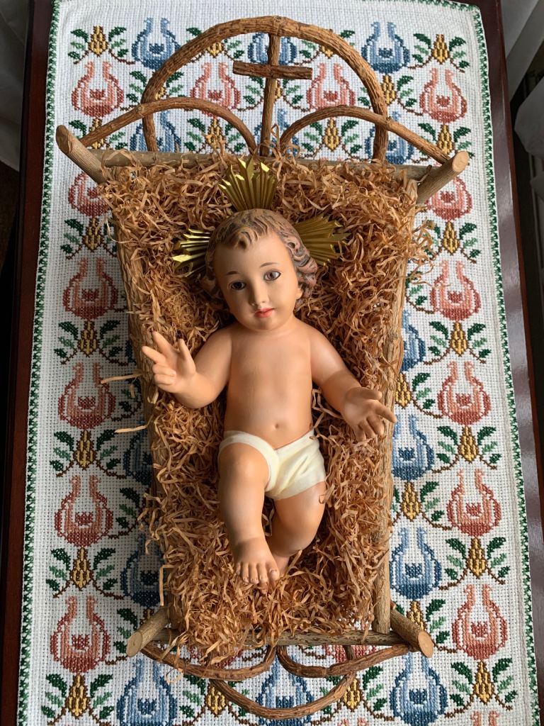 Antique Spanish Baby Jesus in a Manger, Nativity Scene by prestigious Spanish maker, DIMOSA