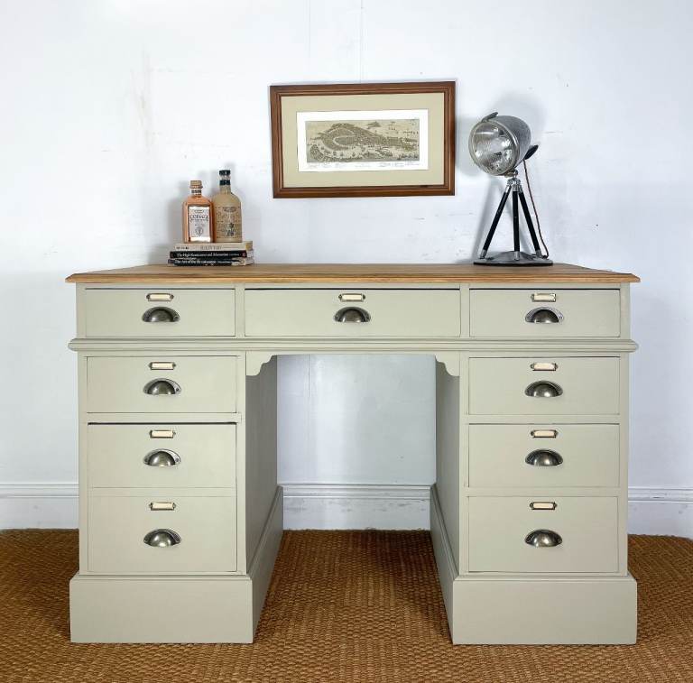 4ft Double twin pedestal rustic solid pine desk / dressing table panelled free standing