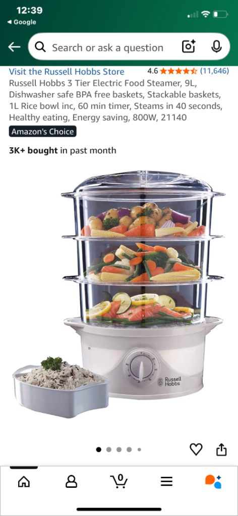 Russell Hobbs 3 Tier Electric Food Steamer, 9L, Dishwasher safe BPA free