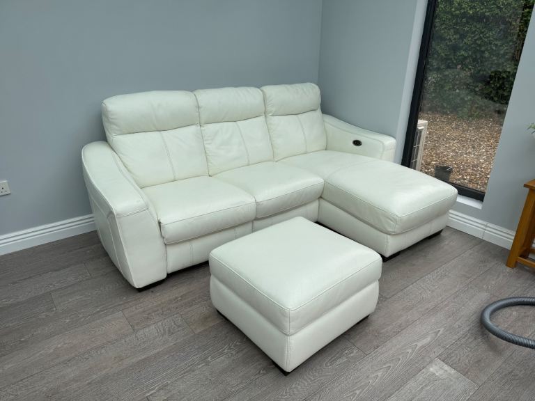 White Leather Corner Sofa with Footstool – Good Condition