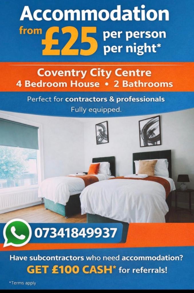 Coventry city sleeps 5, two bathroom property. 