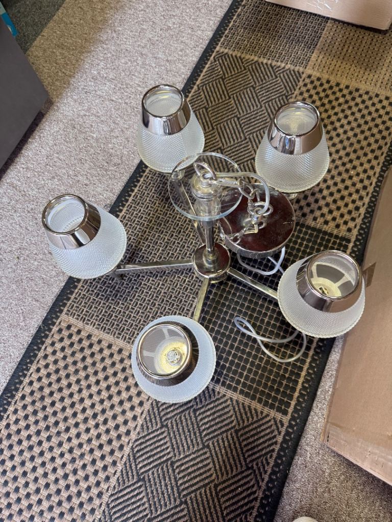 5-Arm Chandelier Ceiling Light - Good Condition, Chrome Finish