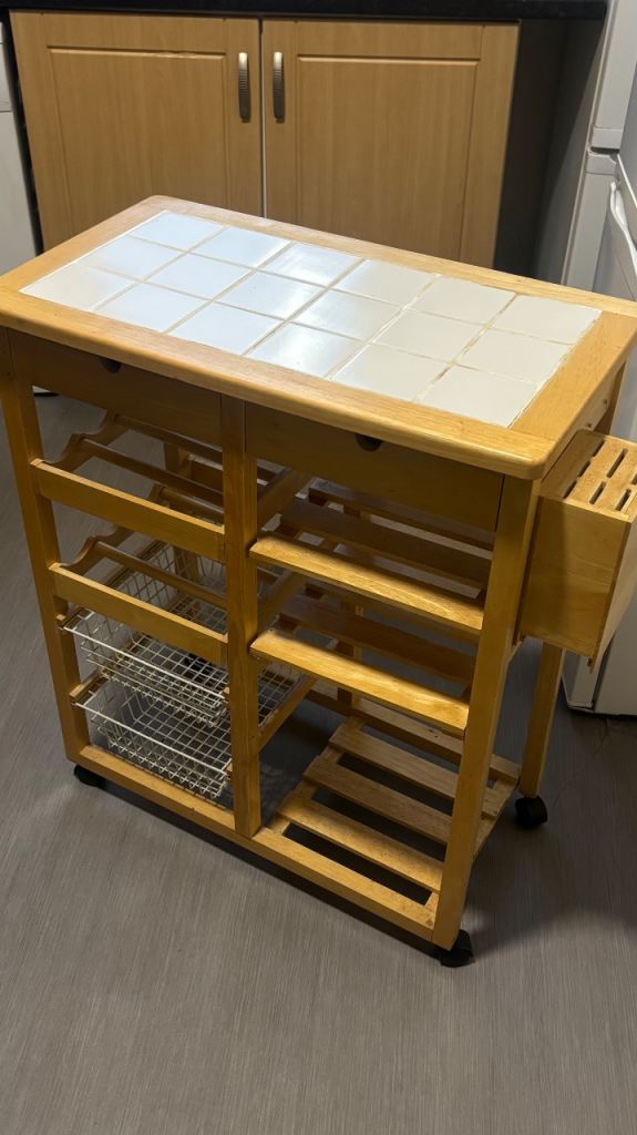 Wooden Kitchen Trolley with Tiled Top and Storage