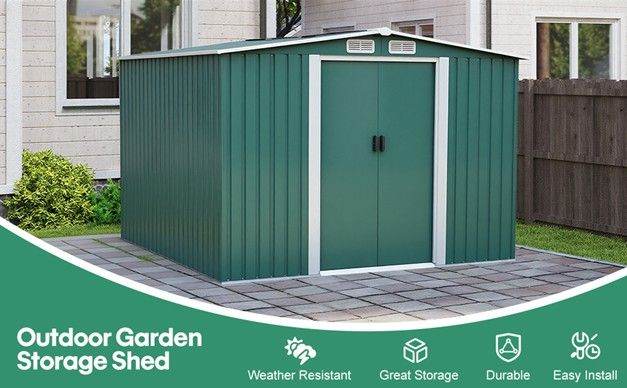 Metal Garden Shed Heavy Duty Outdoor with FREE Base Foundation Green/Grey Colour (10x8 Green)