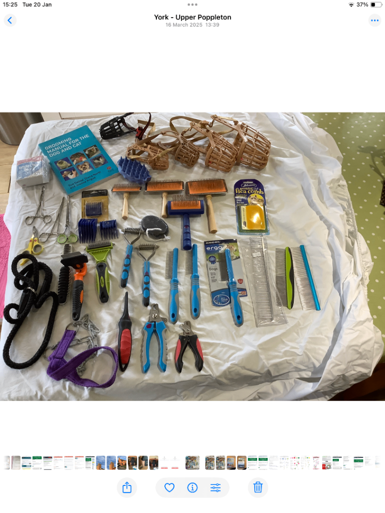 Dog grooming equipment and book 