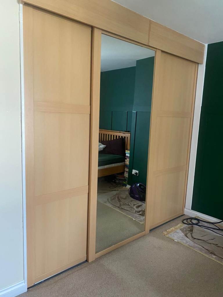 Sliding Wardrobe Doors Set with Mirror – 222cm x 92cm – Light Wood + Tracks