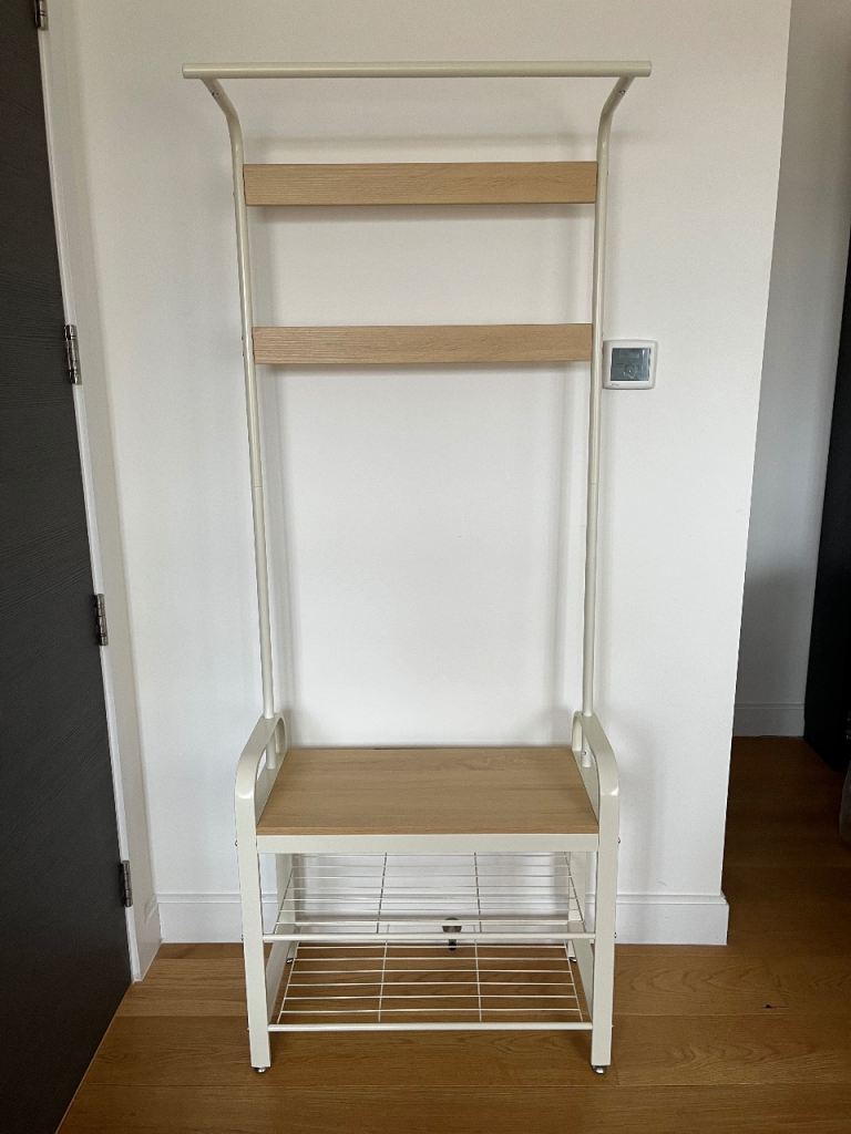 Hallway Coat Rack with Small Bench & Shoe Storage • Cream & Oak • £40 ONO