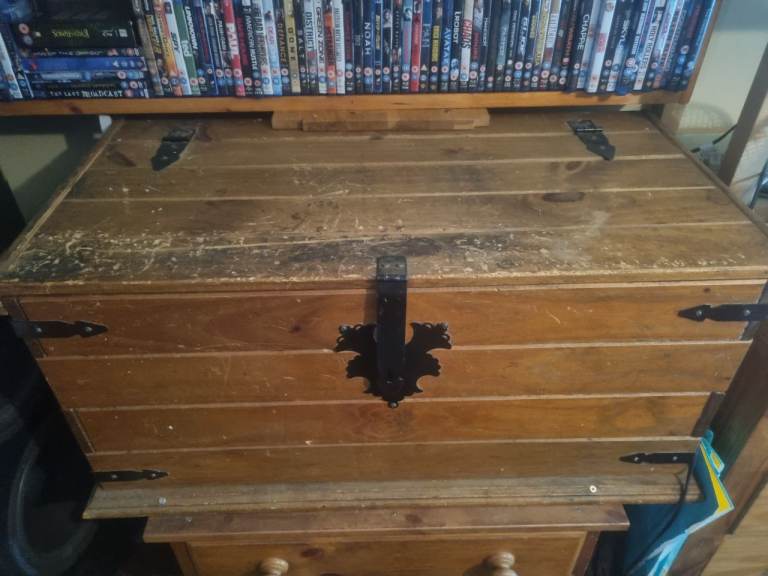 Antique Wooden Storage Chest Black Metalwork