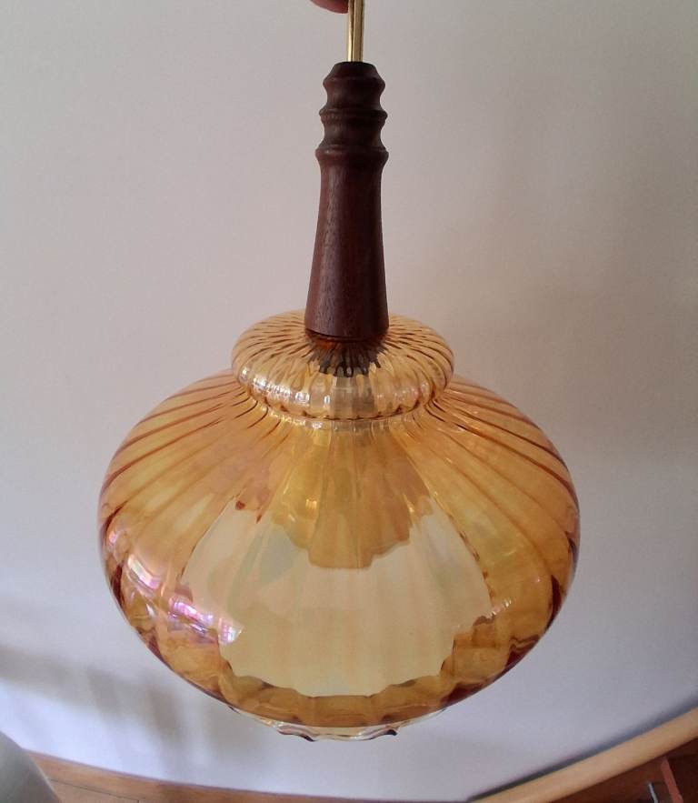 Vintage Amber Glass Fluted Globe RETRO Art Deco HANGING Ceiling LAMP