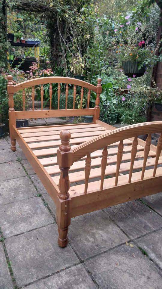 Double bed frame, no mattress, solid pine wood, good condition