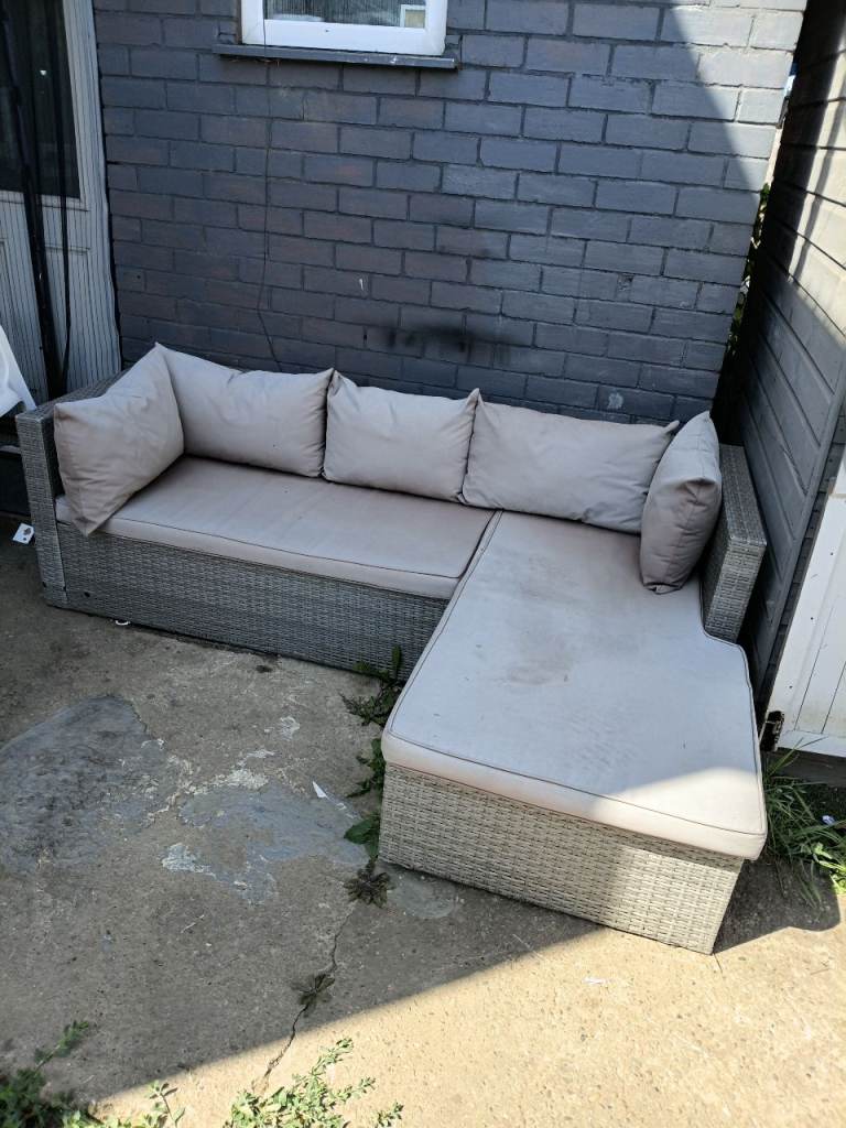 Good Condition Grey Rattan Corner Sofa & Matching Footstool