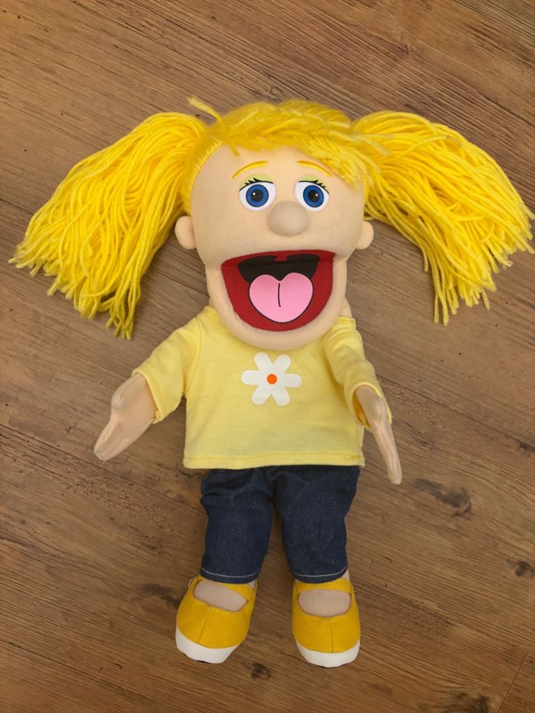 14 inch Katie Peach Girl Hand Puppet with Yellow Hair and Denim Jeans – Good Condition