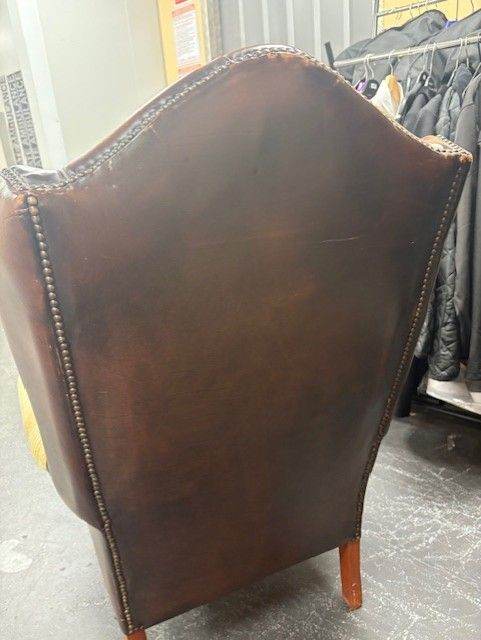 Ox blood Brown Queen Ann original wing back leather armchair  