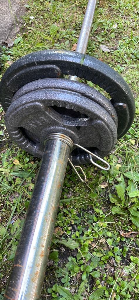 Olympic bar and 30kg cast iron weights