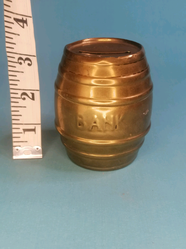 3-inch Vintage Small Brass Barrel Bank Coin Piggy Bank. 